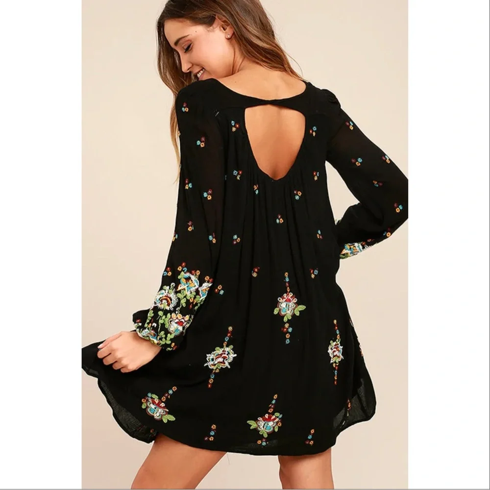 Free People Oxford Black Embroidered Swing Dress Large Boho Festival Coachella - Picture 3 of 15